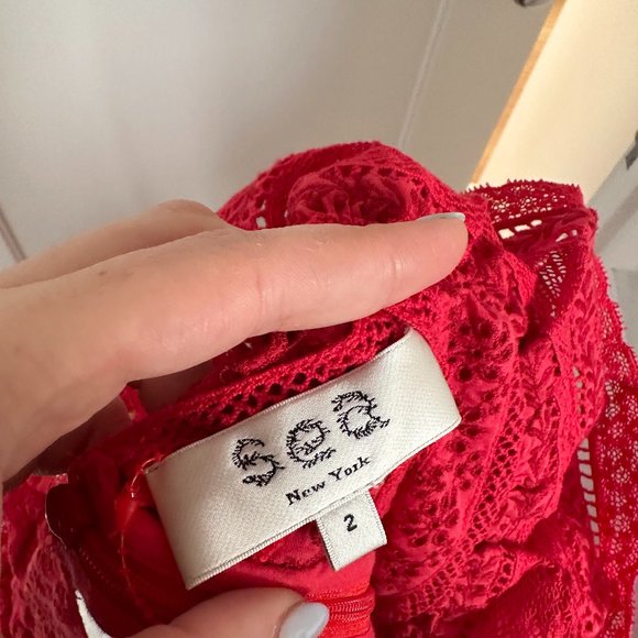 Sea New York Embroidered Midi Dress SZ 2 Red Eyelet Detail Flutter Sleeve - Picture 3 of 11